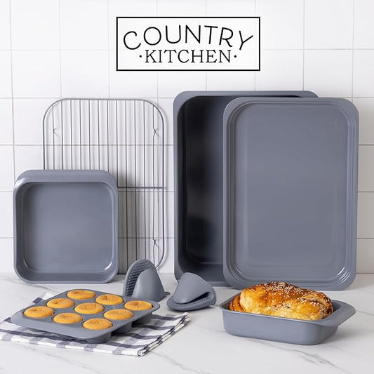 Country Kitchen Nonstick Stackable Bakeware Set - Deluxe Heavy Duty, Durable, Easy Release Baking Set, 8 Pcs, Grey