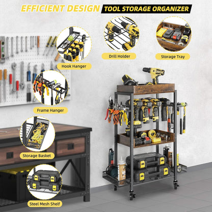 Power Tool Organizer Garage Storage Organization Shelving Tool Holder Drill Rack Shelf Rolling Cart Open Tool Chest Cabinet Box Organizer with Wheels Workshop Garage Gift Ideas for Men Dad
