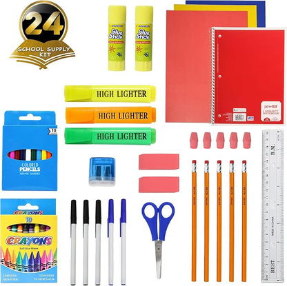 Moda West 24 Pack Bulk School Supplies 50 Piece Kit - Pens, Pencils, Crayons, and More - Value Pack of 24 Kits - Essential Box of School Supplies for Elementary, Middle, and High School Students