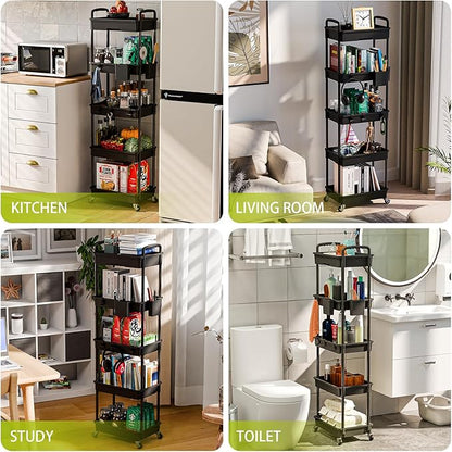 Sorgion 5 Tier Rolling Cart Organizer,Bathroom Cart Organizers with Wheels Laundry Room Organization Mobile Shelving Unit Utility Cart Storage Shelves Multi-Functional for Office, Home(Black)
