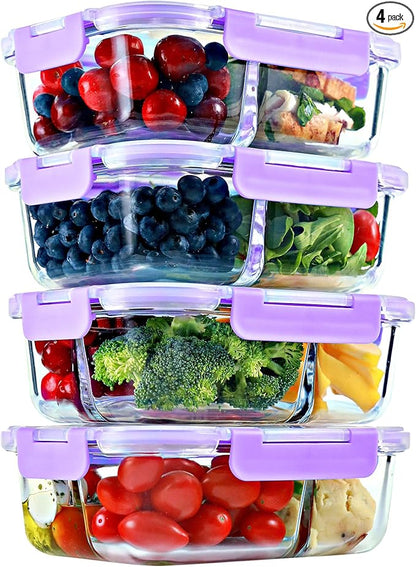 2 & 3 Compartment Glass Meal Prep Containers (4 Pack, 32 oz) - Glass Food Storage Containers with Lids, Bento Box, Portion Control, Airtight, Oven & Freezer safe, Food Container, Lavender