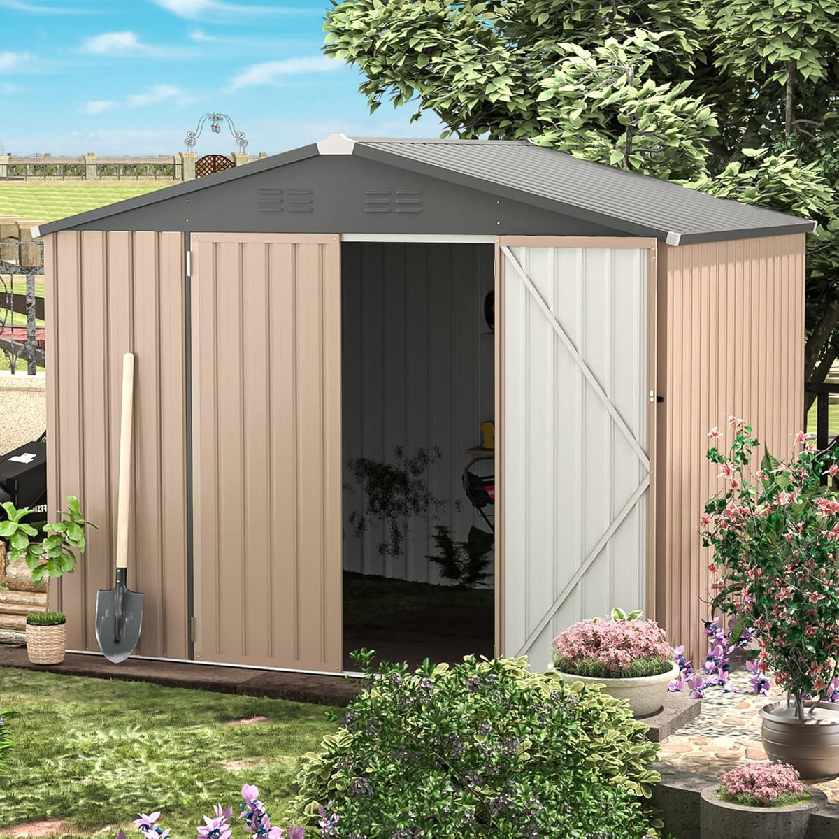 AECOJOY 8' x 6' Metal Storage Shed for Outdoor, Steel Backyard 6x8 Sheds & Outdoor Storage with Lockable Doors, Utility and Tool Storage for Garden, Backyard, Patio, Outside use