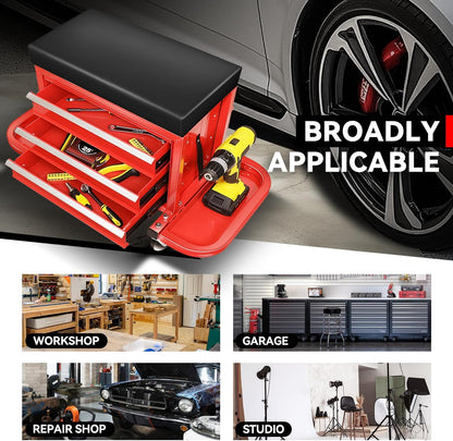 Auto Dynasty 3-Drawer Mechanic Rolling Seat, 350 LBS Capacity Roller Garage Shop Seat with Storage Tool Tray for Workshop, Repair Shop, Warehouse, Red