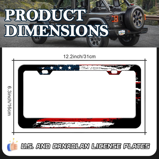 American Flag License Plate Frames - 2 Pack Vintage US Flag Stainless Steel License Plate Holder,Rust-Proof Waterproof Car Decorative Tag Frame with Screws Fasteners Caps