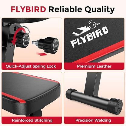 FLYBIRD Foldable Flat Weight Bench for Home Gym, 600/1000 lbs Capacity with Dual Locking for Strength Training, Easy Setup & Storage for Small Apartments, Lifting, Hip Thrust, Dumbbell Workout (B-Red-01)