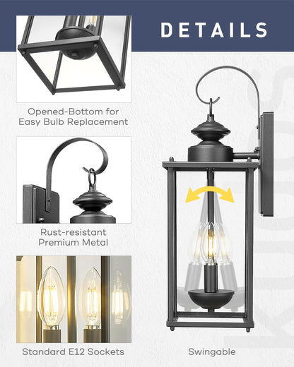 kudos Porch Lights, 18.1 inch Large Outdoor Wall Light, E12 Sockets, Anti-Rust Waterproof Light Fixtures Wall Mount for Patio, Doorway, Entryway, Black with Clear Glass, KDOWL02-BK-L