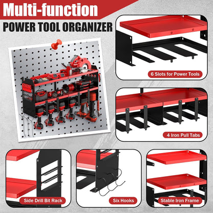 Power Tool Organizer Wall Mount with 6 Drill Holders, Heavy Duty Metal Utility Racks with Large Top Shelf & Side Hooks, Efficient and Organized Storage for Garage, Workshop, Shed, Pegboard