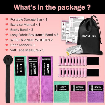 KANGFITER Long and Short 6 Fabric Resistance Bands Set with Door Anchor | Non-Slip Stretch Booty Bands for Working Out Women & Men, Loop Exercise Elastic Bands for Home Physical Therapy Yoga Pilates