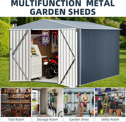 10x10FT Outdoor Metal Storage Shed, Lockable Weatherproof Garden Shed for Tools & Equipment, Durable Galvanized Steel with Sloping Roof & Ventilation, Ideal for Backyard, Patio & Garage Storage, Grey
