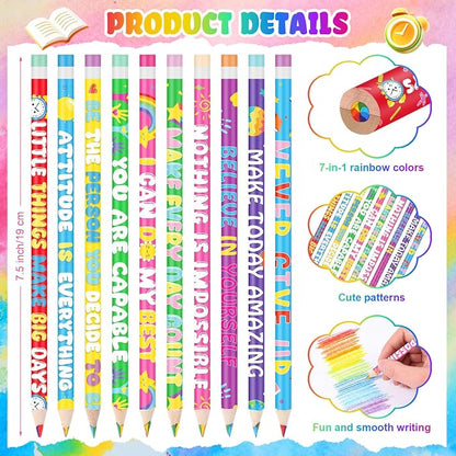 Nezyo 100 Pcs Motivational Rainbow Colored Pencils Bulk - 7 Color in 1 Wooden Colorful Pencils Assorted Cute Novelty Art Supplies for Drawing Coloring Back to School Gifts Incentive Reward Stuffers