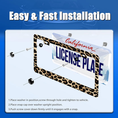 Leopard License Plate Frame Cheetah Leopard Brown License Plate Stainless Steel Funny License Plate Holder Animal Car Accessories with Screws Car Decoration 12.3" x 6.3" Fits Standard Vehicles Size