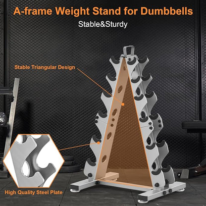 TomCare 6-Tier|5-Tier|4-Tier|2-Tier Dumbbell Rack Stand Only for Home Gym | Stable A-Frame, Fits 5–35 lb Dumbbells, Protective Padded Cradles, Adjustable Feet, Easy-Carry Handle (Stand Only)