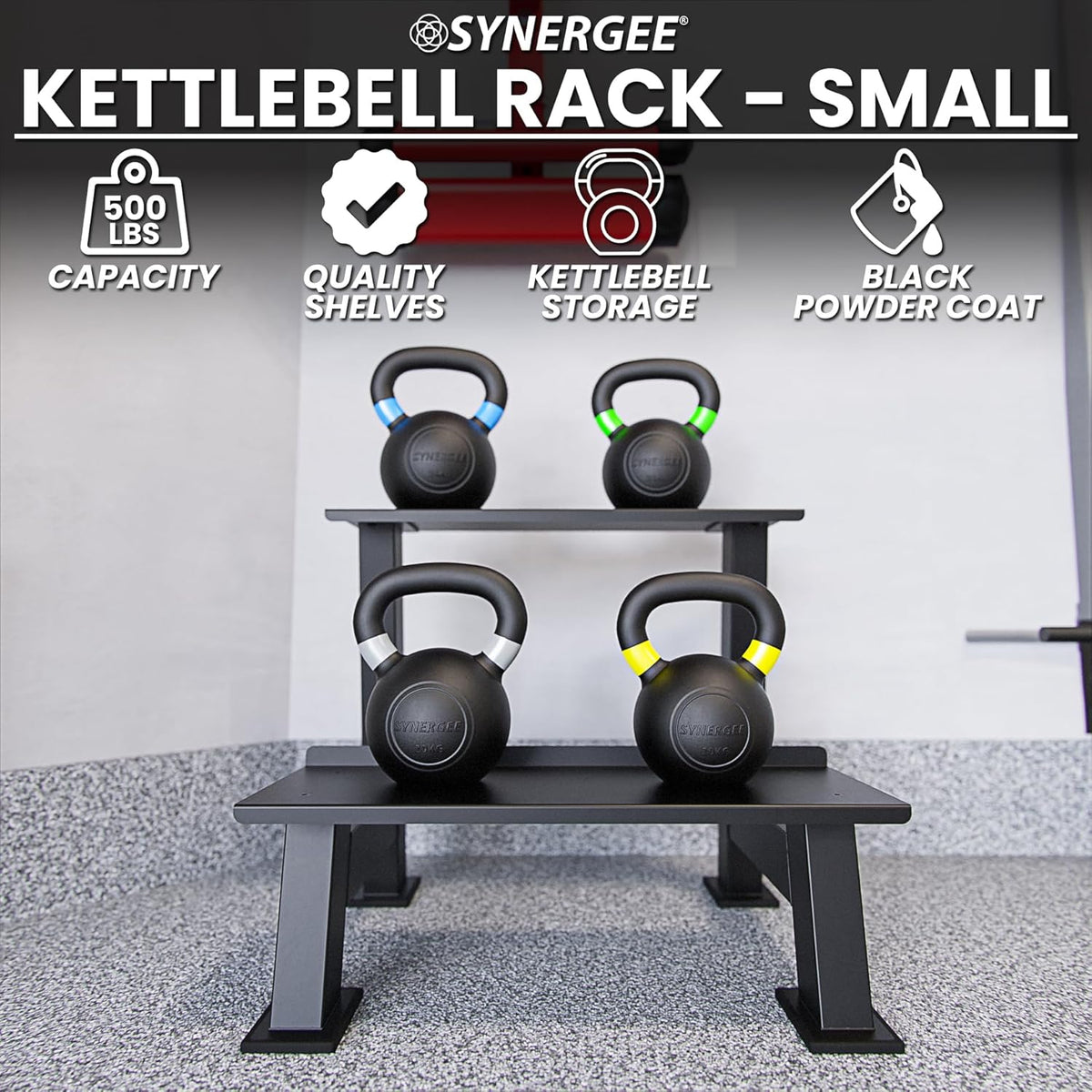 Synergee Kettlebell Storage Rack - Gym Storage Rack for Fitness Equipment Organization. 2-Tier Shelf for Holding Synergee Kettlebells.