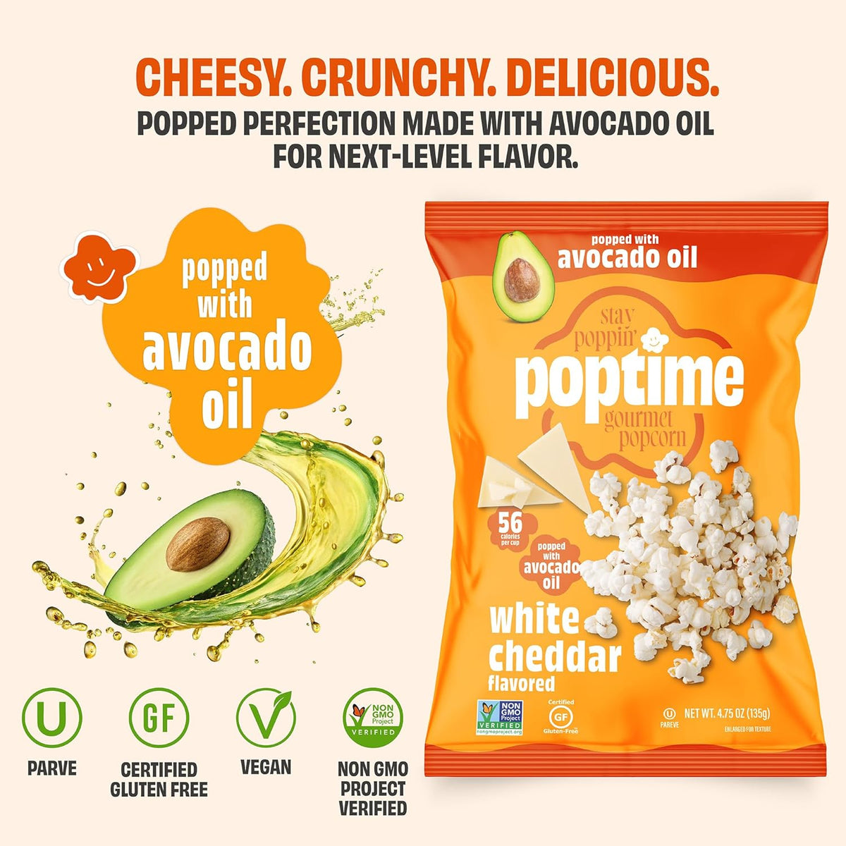 Poptime White Cheddar Popcorn Snack Bags – Gourmet Popcorn Bags, Healthy Snack With Heart-Healthy Avocado Oil, Crunchy, Cheesy, Gluten Free, Vegan, Low Calorie, Non-GMO, Kosher - 4.75 oz - Pack 12