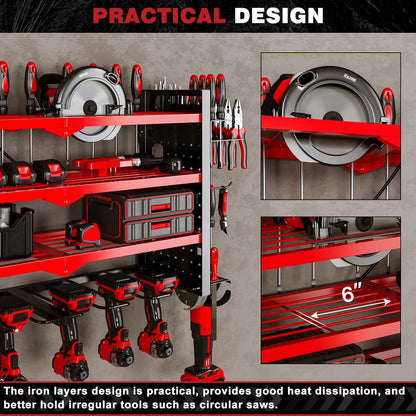 Power Tool Organizer Wall Mount with Charging Station 4 Layer 6 Slot Cordless Drill Holder with Angle Grinder Holder (Red)