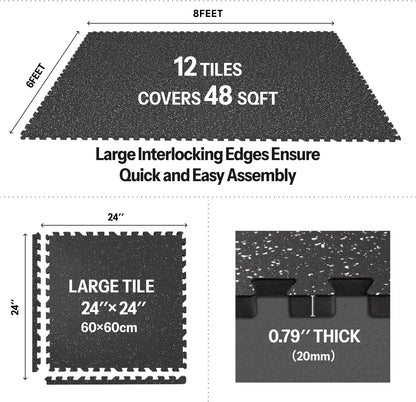AIRHOP 0.79in Thick 48 Sq Ft Exercise Equipment Mats, 12 Tiles Upgraded Rubber Top with High Density EVA Foam, Large Interlocking Puzzle Gym Flooring for Home Gym, Heavy Weight Workout,Black & White
