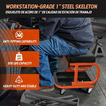 SEKAM Rolling Creeper Garage/Shop Seat, 250 LBS Capacity Padded Rolling Workshop Stool with Tool Tray Storage, Mechanic Stool for Garage, Shop, Auto Repair, Orange