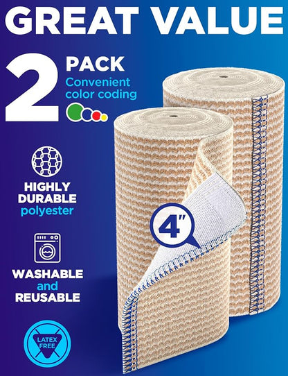 Premium Elastic Bandage Wrap - 4” (2pk) - Self-Closing Compression Bandage | Reusable Bandage Wrap for Leg, Ankles, Wrists, and Knees - For First Aid Kit and After Surgery Recovery - Latex Free