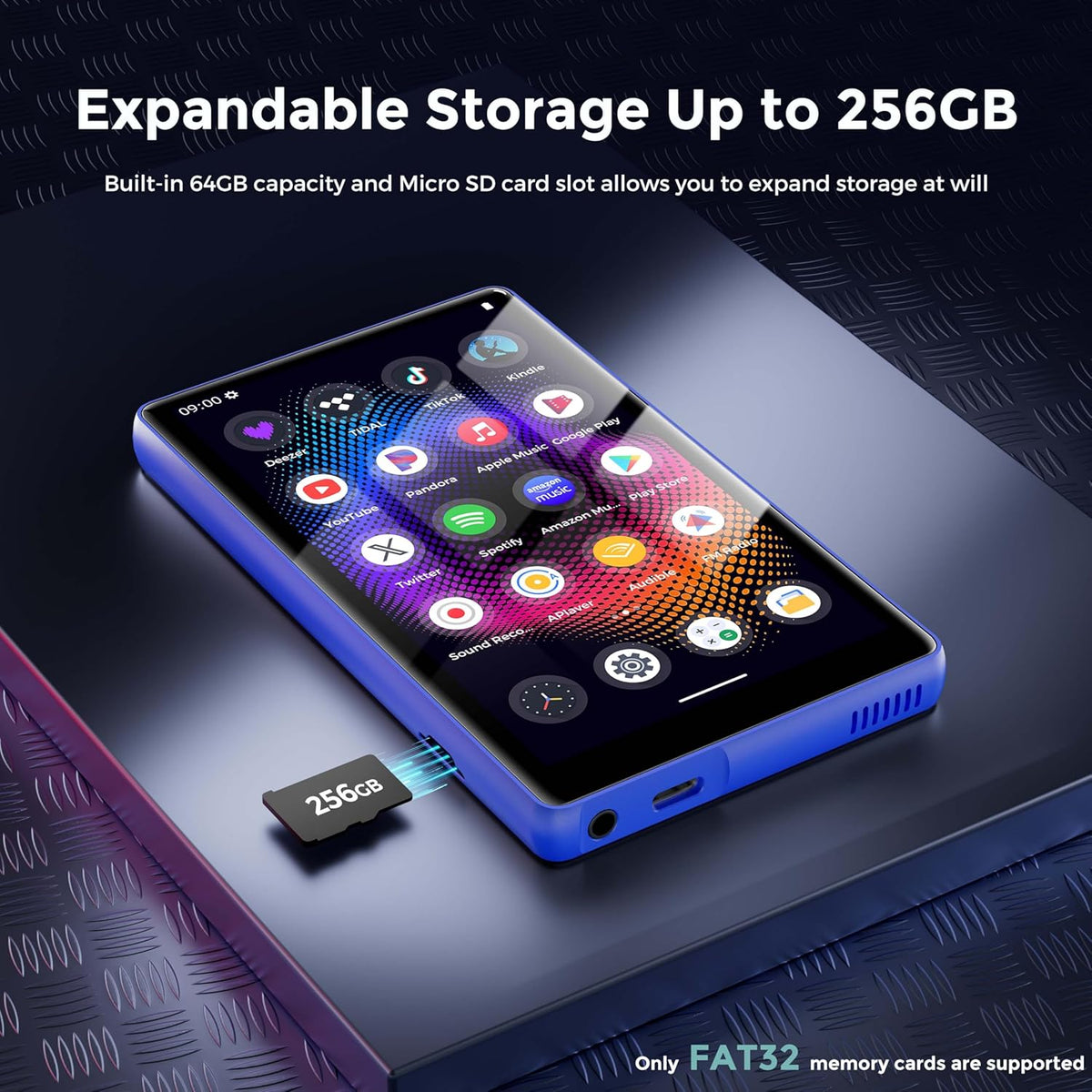 128GB MP3 Player with Bluetooth and WiFi，Music Video Player with Spotify Pandora,Amazon Music, 5" Touch Screen Android MP4 MP3 Player for Kids with Audible, YouTube, Spotify Kids,up to 256GB (Blue)