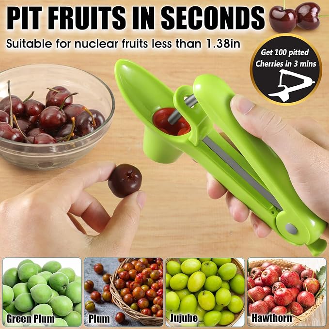 SCHVUBENR Cherry Pitter Tool - Stainless Steel Cherry Corer Pitter with Ergonomic Push Design - Easy to Use for Making Cherry Jam - Pit Cherry with Ease, Saving Time & Space with Lock Design(Green)