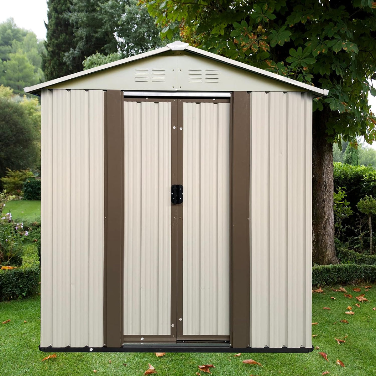 5x3 FT Outdoor Storage Shed, Metal Garden Shed with Lockable Sliding Doors, Small Outside Tool Shed with Sloped Roof & 4 Air Vents, Waterproof Storage Building for Backyard, Patio, Lawn, Cream White