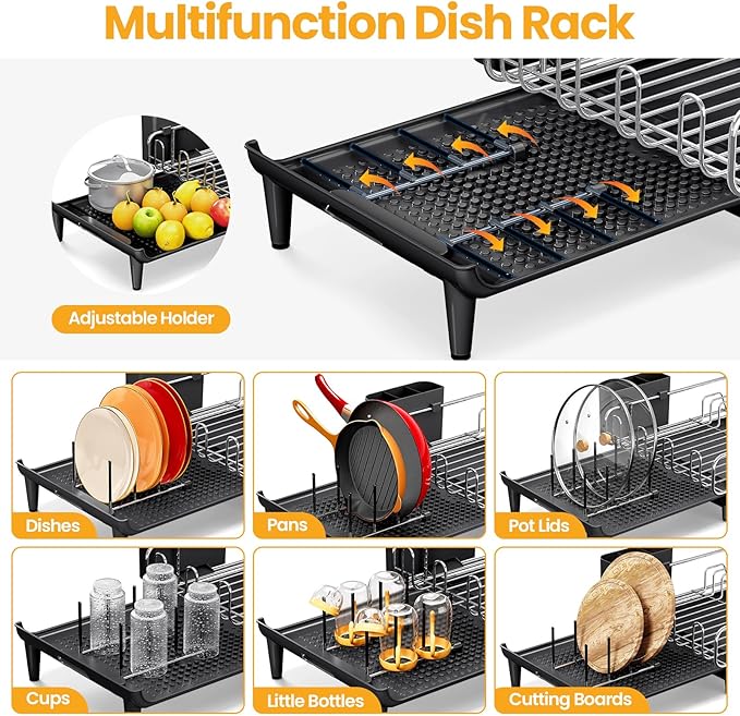 TOOLF Expandable Dish Rack, Dish Drying Rack for Kitchen Counter, Foldable Dish Dryer Rack, Stainless Steel Dish Drainer Racks with Cutlery Holder, Collapsible Dish Drying Racks Large Size,Black
