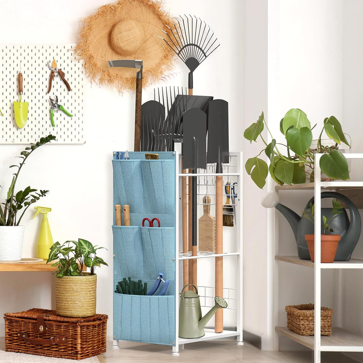 YBING Garden Tool Organizer, Yard Tool Stand with Side Storage Pockets, Yard Tower Rack for Garage Storage, Freestanding Tools Organizers and Storage for Shed, White