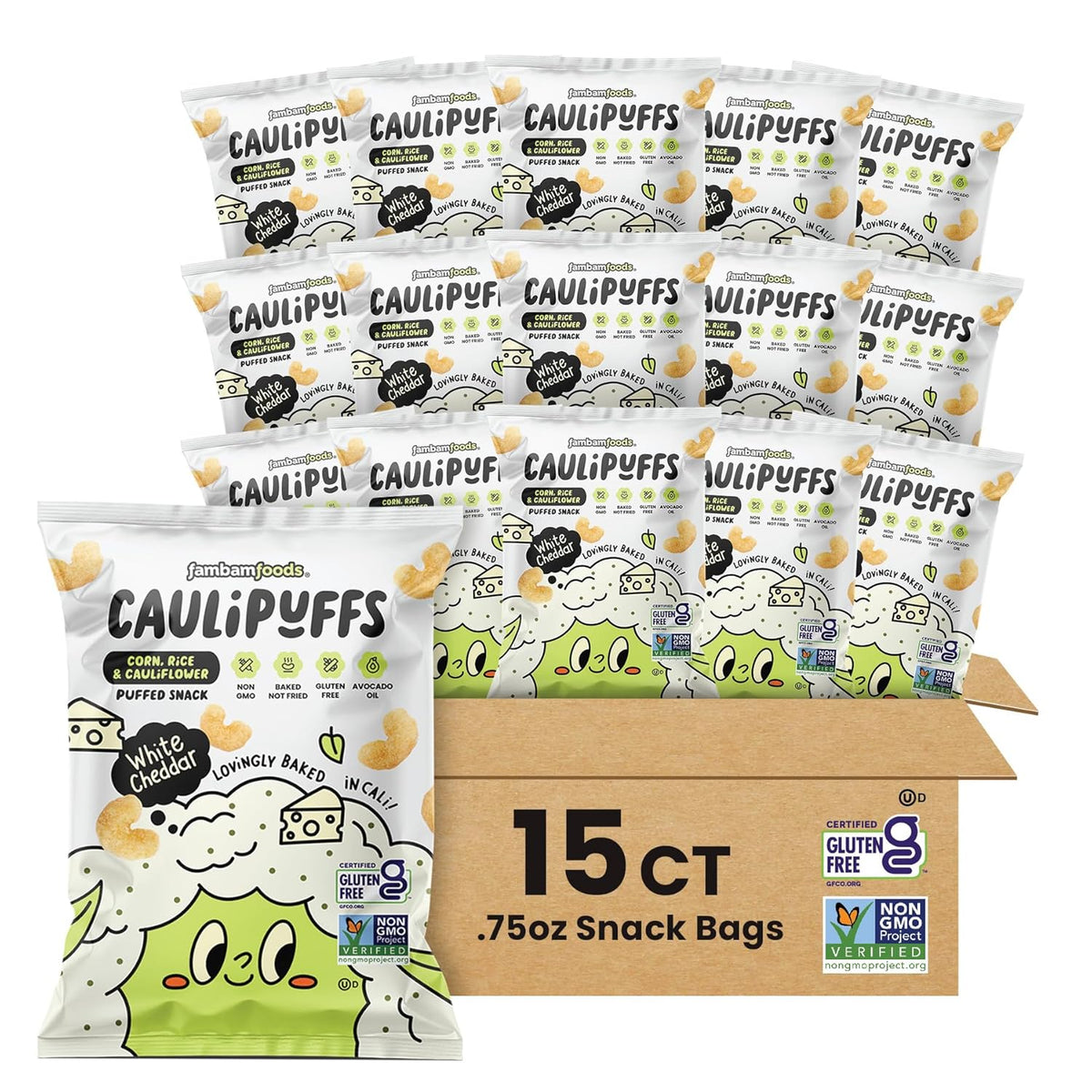 CauliPuffs - Corn, Rice, and Cauliflower Gluten Free Puffed Snack (15 x 0.75oz Bags, White Cheddar)