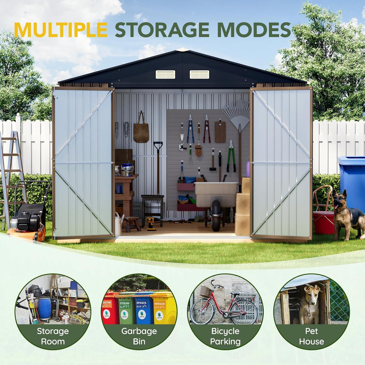 Breezz Outdoor Storage Shed 10 x 10ft. Utility Tool Shed Metal Storage Garden Shed with Lockable Doors, Windows & Metal Frame Floor for Patio Storage,Brown