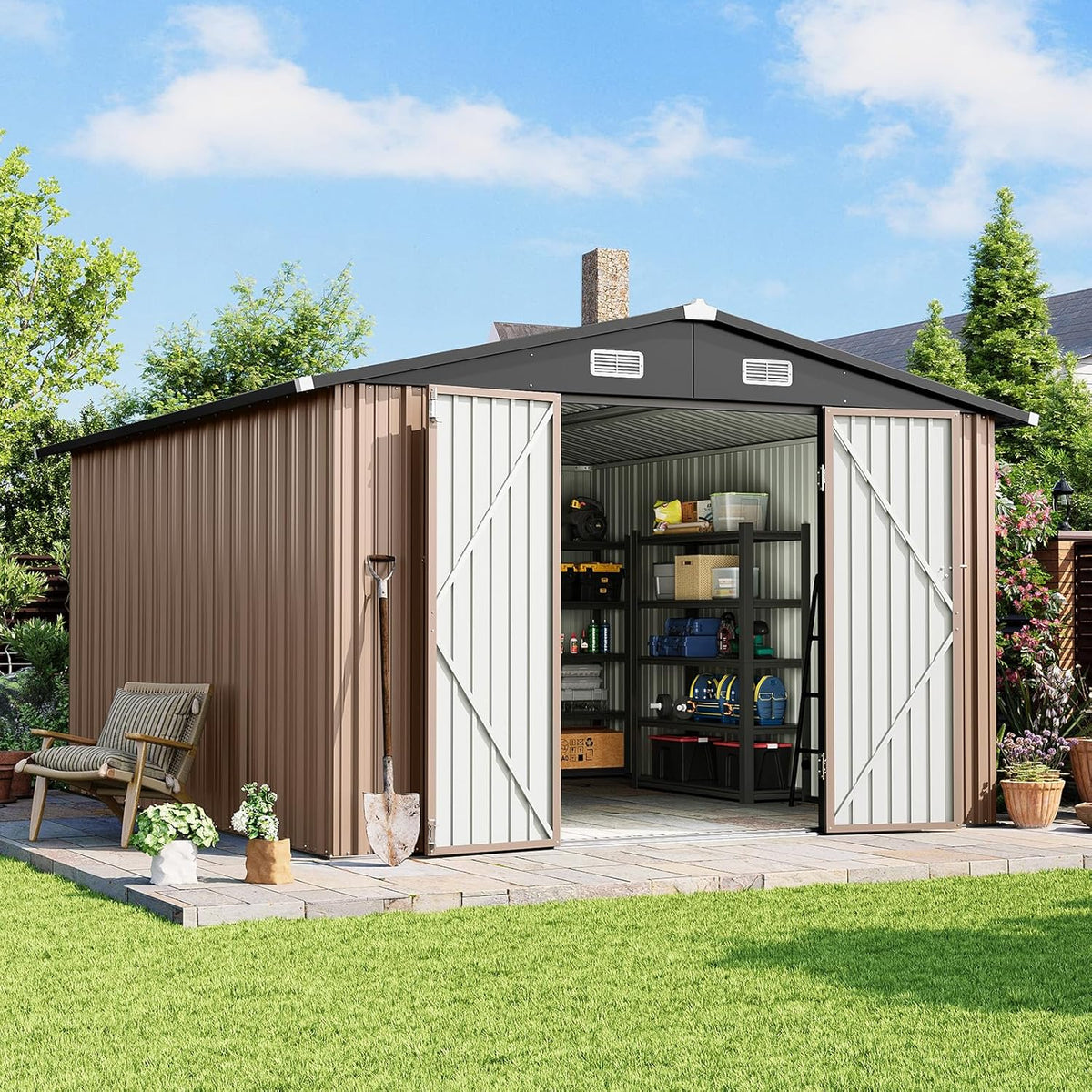 10x12 FT Outdoor Storage Shed Heavy-Duty Galvanized Steel Metal Garden Shed with Lockable Double Doors for Bike, Tool, Generator Storage in Backyard, Patio (10’x12’)