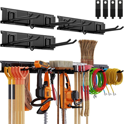 Garage Organzier Wall Mount, 48 Inch Garden Tool Organizer, 16PCS Heavy Duty Garage Storage Organization, Adjustable Tool Storage Rack Hooks, Yard Shed Tool Organizer Hold Max 450 lbs