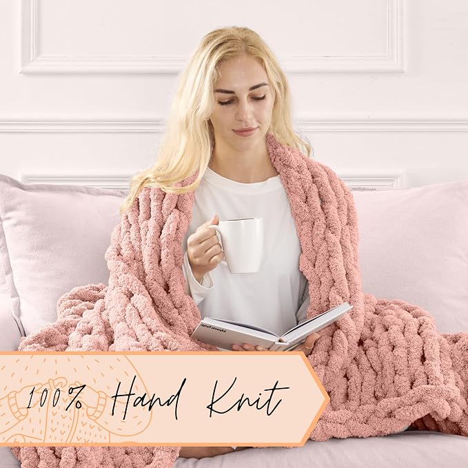 Adyrescia Chunky Knit Blanket Throw | 100% Hand Knit with Jumbo Chenille Yarn (50"x60", Seashell Pink)