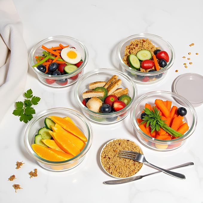Small Round Glass Food Containers with lids, 12oz Round Food Storage Containers with Lid, 1.5 Cup Small Glass Food Containers with Lid BPA-Free, Microwave, Dishwasher, Freezer Safe (4 Pack)