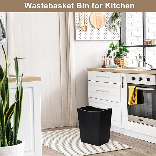 SEHERTIWY Wood Trash Can, Farmhouse Wastebasket Bin for Bathroom, Office, Bedroom, Living Room, Small Square Rustic Garbage Container (Wood-Black)