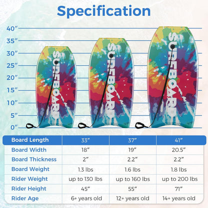 KOTEK 33/37/41 Inch Body Board with Wrist Leash, EPS Core, Dual Channel, HDPE Slick Bottom, Bodyboard for All Skill Levels & Wave Conditions