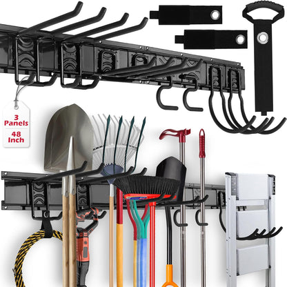 48" Heavy Duty Garage Wall Organizer, Wall Mount Tool Storage Rack with Adjustable Hooks, Garden Tool Organizer Hold Up to 300lbs, Easy Installation (3 Panels, 8 Hooks, 3 Straps)
