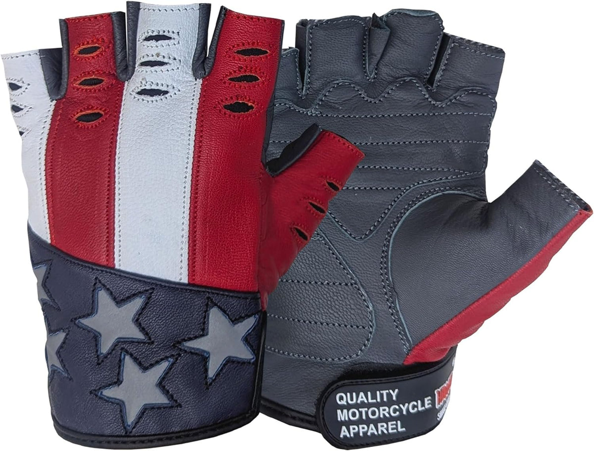 Hugger American Flag Fingerless Leather Gloves for Men – Motorcycle Biker Gloves with Air Crossing Feature – Comfortable Goatskin Glove for Riding, Driving, Gym & Work