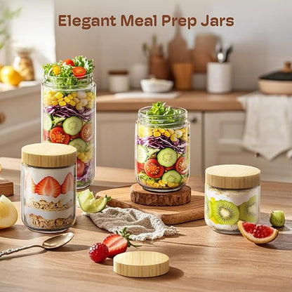 4 pack 16oz Overnight Oats Containers with Bamboo Lids, Glass Jars with Airtight Lids for Meal Prep, Wide Mouth Mason Salad Jars, Glass Food Storage Container for Yogurt Chia Snacks Spice Sugar