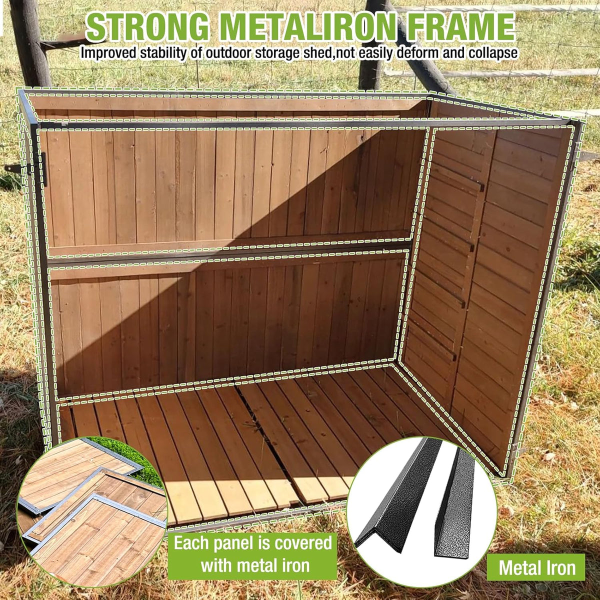 Outdoor Storage Shed with Metal Frame,Wooden Tool Cabinet for Trash Cans, House Garden Shed for Backyard Garden Patio Lawn