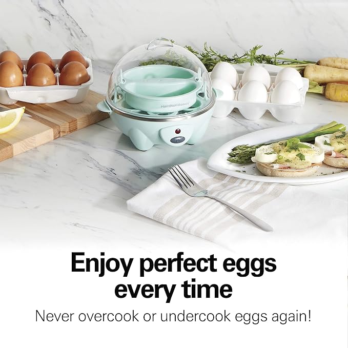 Hamilton Beach 3-in-1 Electric Egg Cooker for Hard Boiled Eggs, Poacher Eggs, Omelet Maker & Vegetable Steamer, Holds 7, Mint (25504)