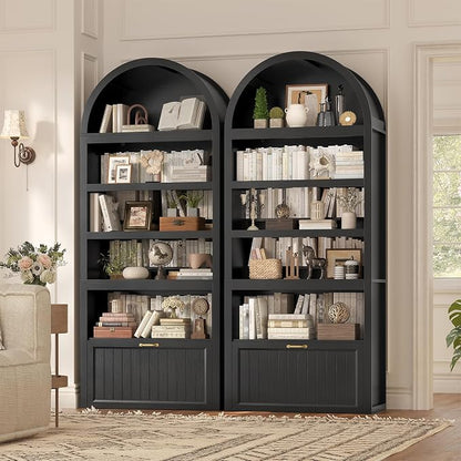 81" Tall Arched Cabinets,Bookcase with Drawer storage,Mid-Century Modern 5-Tier Bookshelf,2 Book Risers and Adjustable Shelves offering more storage space for Living Room,Kitchen,Home Office,Black