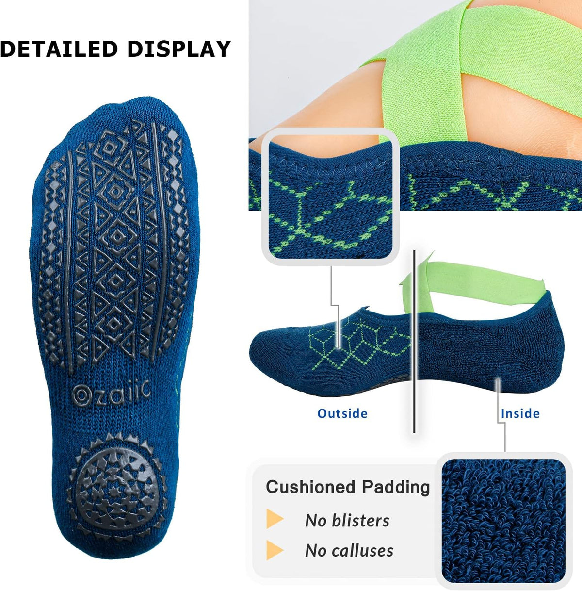 Ozaiic Yoga Socks for Women Non-Slip Grips & Straps, Ideal for Pilates, Pure Barre, Ballet, Dance, Barefoot Workout