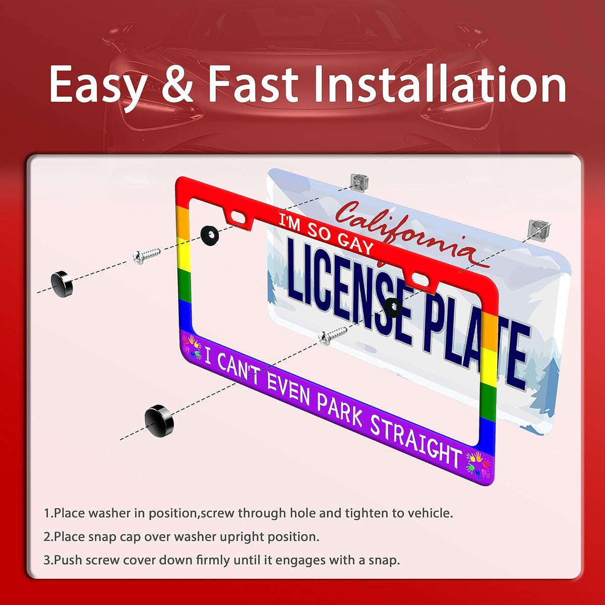 Gay License Plate Frame I'm so Gay I Can't Even Park Straight LGBT Funny License Plate Stainless Steel Parts with Screws Size 12.3" x 6.3" Men Women