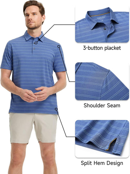 Rouen Polo Shirts for Men Dry Fit Performance Heather Stripe Golf Polo Moisture Wicking Lightweight Breathable Golf Shirts