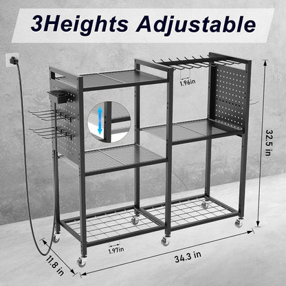 6-Tier Large Power Tool Organizer Cart with Charging Station, Heavy-Duty Garage Rolling Tool Cart with 6 Wheels, 8 Hooks & Adjustable Shelves, Holds 700LBS+