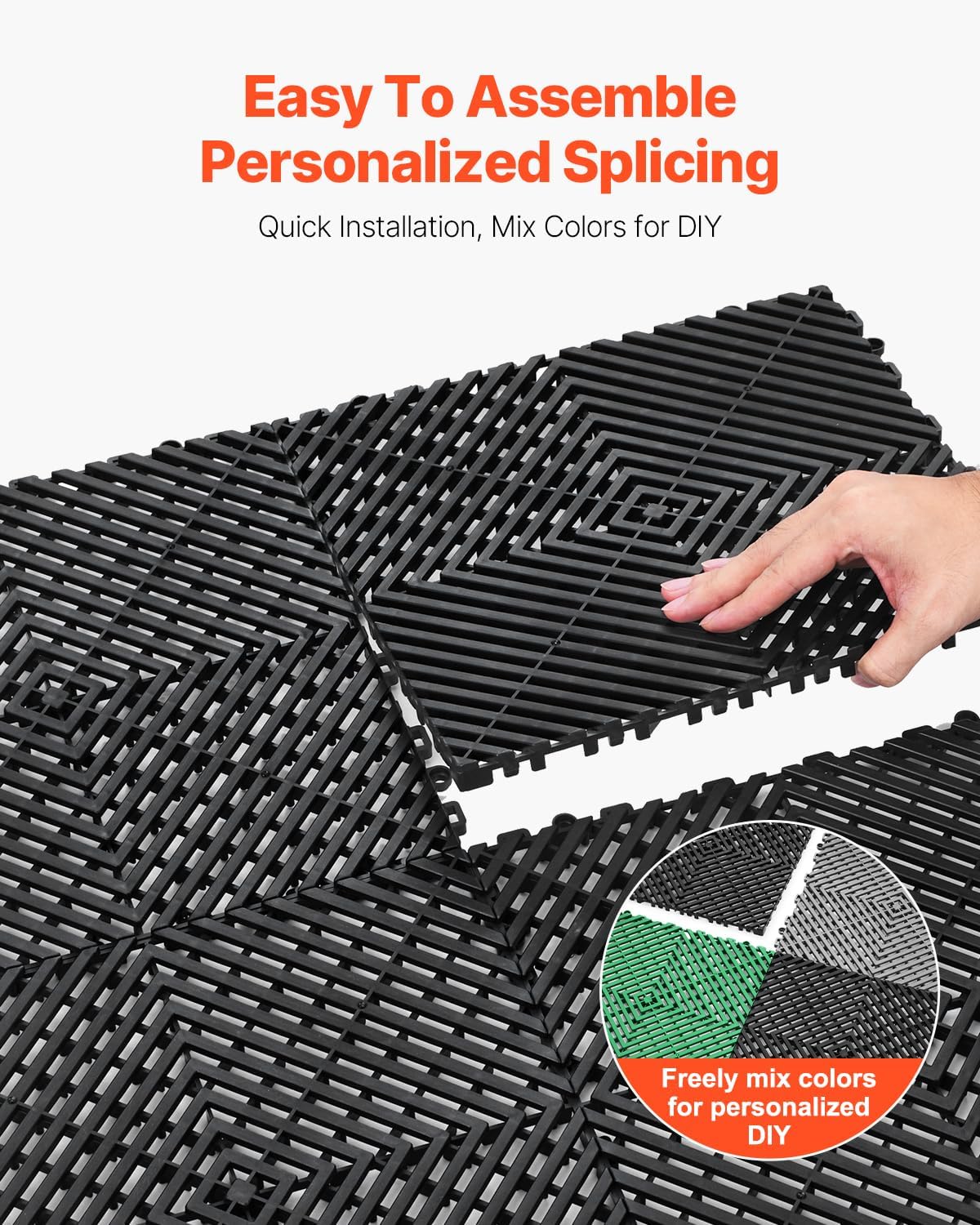 VEVOR Interlocking Drainage Mat, 12” x 12” Modular Interlocking Cushion, 24 Pcs Splicing Drainage Mats, Non-Slip Black PP Drainage Floor Tile and Shower Mat, for Garage, Garden, Kitchen & Outdoor