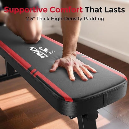 FLYBIRD Foldable Flat Weight Bench for Home Gym, 600/1000 lbs Capacity with Dual Locking for Strength Training, Easy Setup & Storage for Small Apartments, Lifting, Hip Thrust, Dumbbell Workout (B-Red-01)