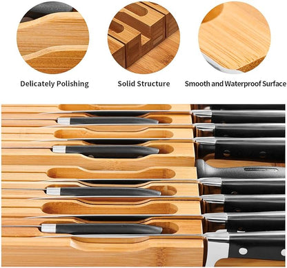 VaeFae In-Drawer Knife Block,Bamboo Knife Drawer Organizer Insert, Kitchen Knife Drawer Storage for 16 Knives PLUS a Slot for your Knife Sharpener (Without Knives)