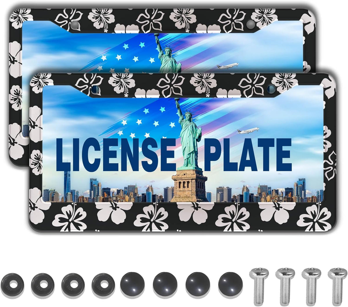 Automotive Exterior Accessories Black and White License Plate Frames Beautiful Hibiscus Flowers Universal Aluminum Car Accessory 2 Pack with Screw Covers Set