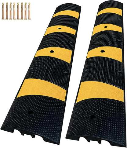 2 Channel Rubber Speed Bumps Humps, 6 Feet Long Traffic Driveway Ramp with 8 Bolts, 22000 lbs Capacity Cable Protector Ramp for Garage Gravel Roads Asphalt Concrete, 2 Packs